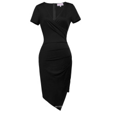 Belle Poque Short Sleeve V-Neck Asymmetrical Hips-Wrapped Black Bodycon Pencil Dress BP000363-1